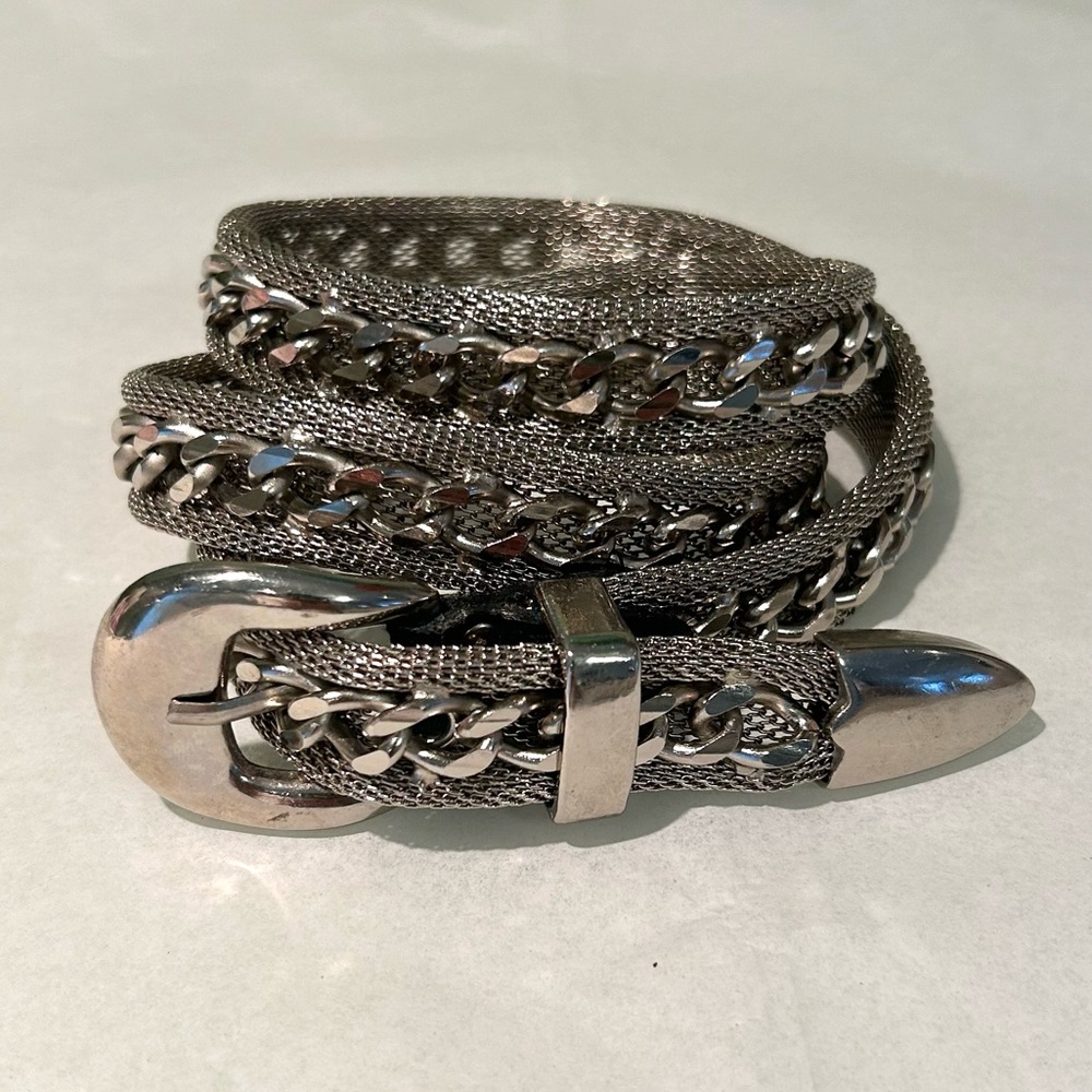 Vintage Heavy Weight Metal Mesh & Curb Silver Chain Belt - Picture 1 of 8